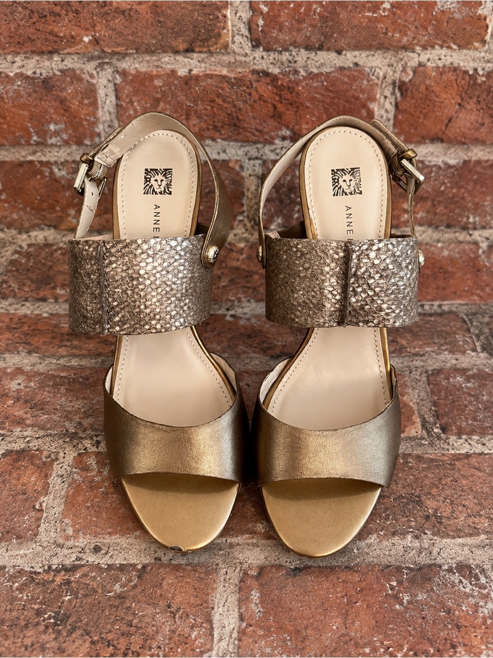 Anne Klein Metallic Bronze Gold Reptile Block Heel Sandals